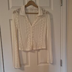 No Comment Lace Cream  Long Sleeve Collard Blouse